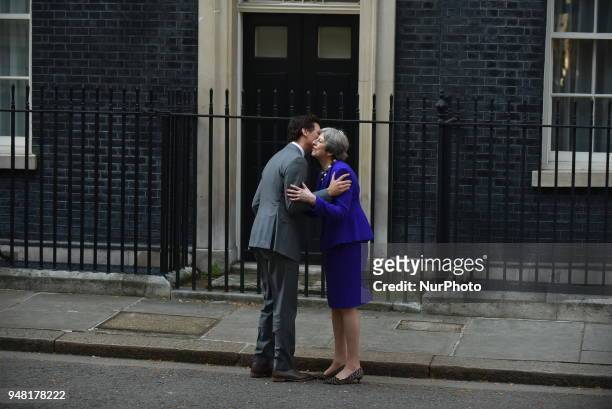 British Prime Minister Theresa May greets Canadian Prime Minister Justin Trudeau at Downing Street, as sidelines of Commonwealth Head Of Government...