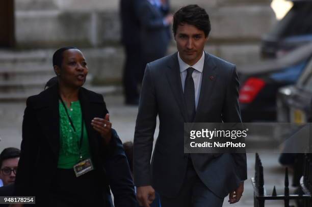 Canadian Prime Minister Justin Trudeau leaves Downing Street after meeting British Prime Minister Theresa May for talks on April 18, 2018 in London,...
