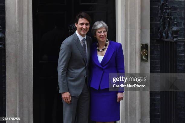 British Prime Minister Theresa May greets Canadian Prime Minister Justin Trudeau at Downing Street, as sidelines of Commonwealth Head Of Government...