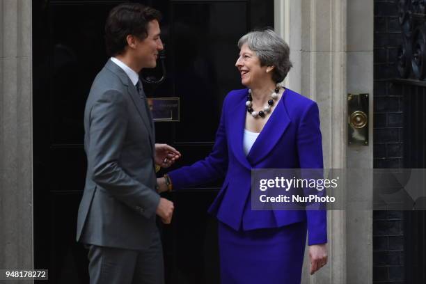 British Prime Minister Theresa May greets Canadian Prime Minister Justin Trudeau at Downing Street, as sidelines of Commonwealth Head Of Government...