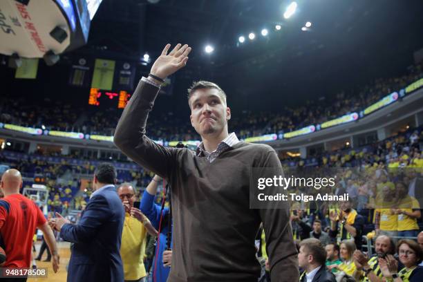 Former Fenerbahce Dogus player Bogdan Bogdanovic welcomes Ulker Sports Arena before the Turkish Airlines Euroleague Play Offs Game 1 between...