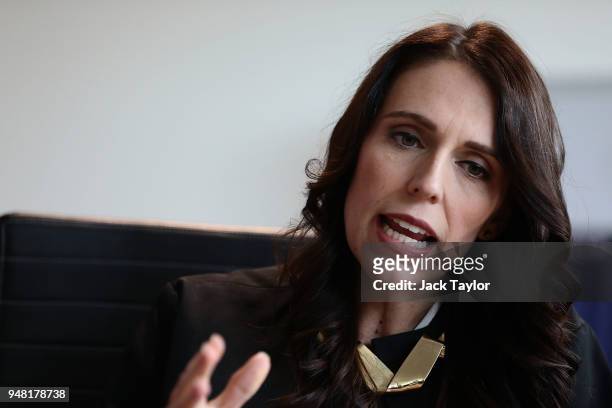 New Zealand Prime Minister Jacinda Ardern speaks during a meeting at the National Cyber Security Centre with British Prime Minister Theresa May,...