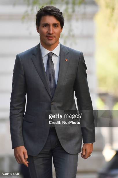 Prime Minister of Canada, Justin Trudeau arrives at Downing Street, ahead of a bilateral meeting with British Prime Minister Theresa May on April 18,...