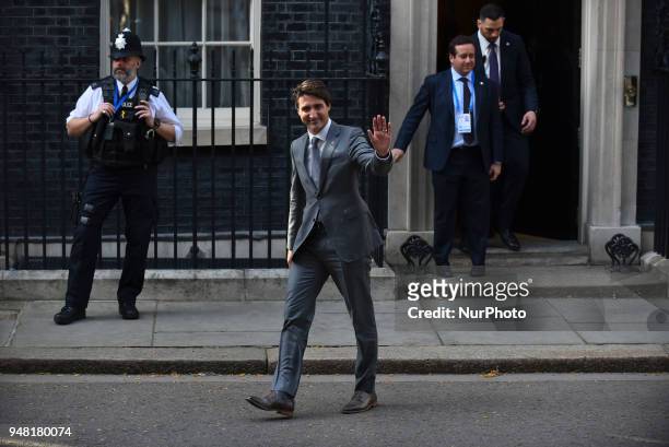 Prime Minister of Canada, Justin Trudeau leaves Downing Street, after attending a bilateral meeting with British Prime Minister Theresa May on April...