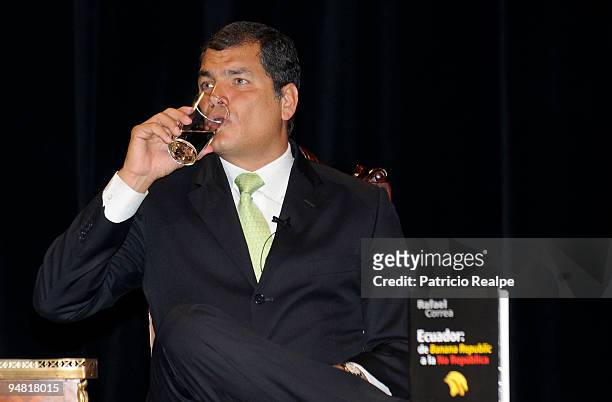 Ecuador's President Rafael Correa speaks during the presentation of his book 'Ecuador: from a Banana Republic to a not Republic' on December 18, 2009...