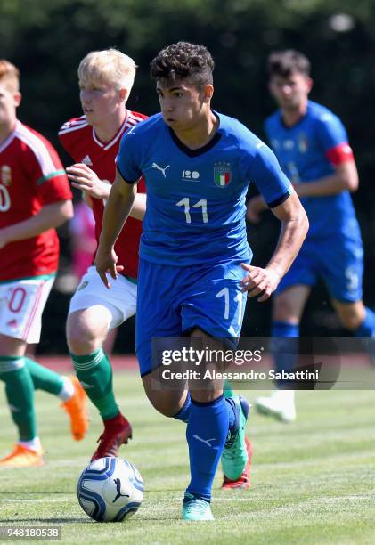 Nicola Rauti of Italy U18 in action during the U18 match between Italy and Hungary on April 18, 2018 in Abano Terme near Padova, Italy.