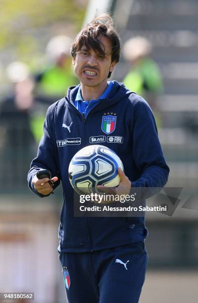 Daniele Franceschini head coach of Italy U18 looks on before the U18 match between Italy and Hungary on April 18, 2018 in Abano Terme near Padova,...