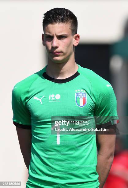 Marco Carnesecchi of Italy U18 looks on before the U18 match between Italy and Hungary on April 18, 2018 in Abano Terme near Padova, Italy.