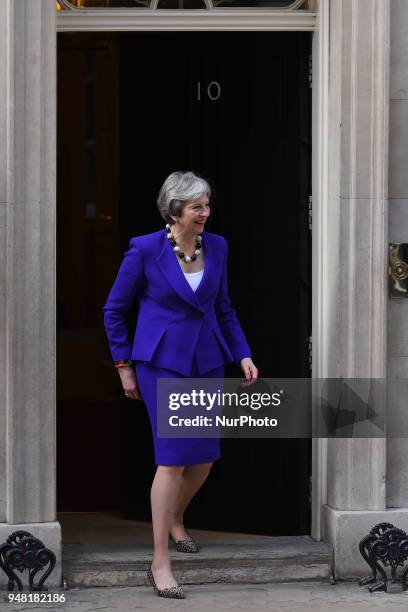 British Prime Minister Theresa May leaves Number 10 Downing Street to greet theNew Zealand's Prime Minister Jacinda Ardern ahead of a bilateral...