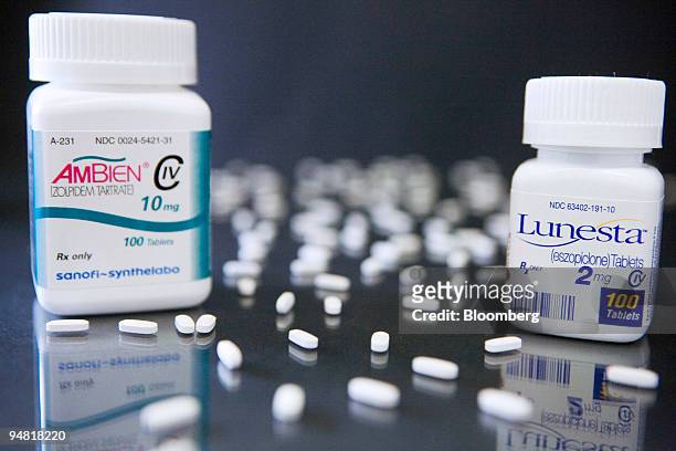 Bottles and pills of Sanofi-Aventis SA's Ambien, left, the top-selling insomnia drug in the U.S., and Sepracor Inc.'s Lunesta are arranged in a...