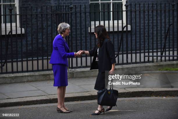 British Prime Minister Theresa May greets New Zealand's Prime Minister Jacinda Ardern at Downing Street, on the sidelines of Commonwealth Head Of...