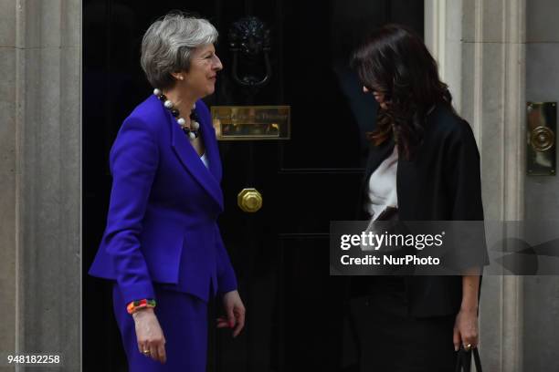 British Prime Minister Theresa May greets New Zealand's Prime Minister Jacinda Ardern at Downing Street, on the sidelines of Commonwealth Head Of...