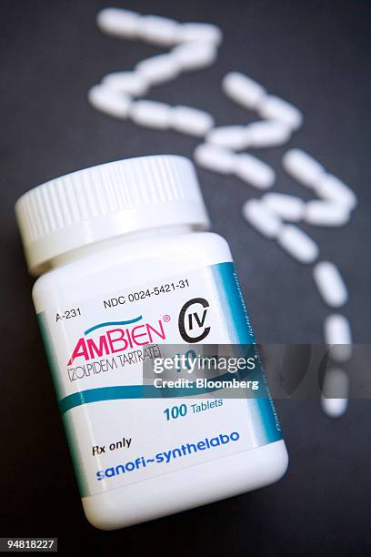 Pills of Sanofi-Aventis SA's Ambien, the top-selling insomnia drug in the U.S., are seen arranged in a "zzz..." pattern in a Cambridge, Massachusetts...