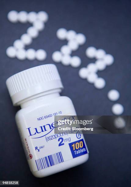 Pills of Sepracor Inc.'s Lunesta are seen arranged in a "zzz..." pattern in a Cambridge, Massachusetts pharmacy Wednesday, March 23, 2006 in this...