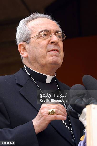 Cardinal Justin Rigali speaks to the American press at the Pontifical North American College near the Vatican in Rome, Italy, Tuesday, April 5, 2005....