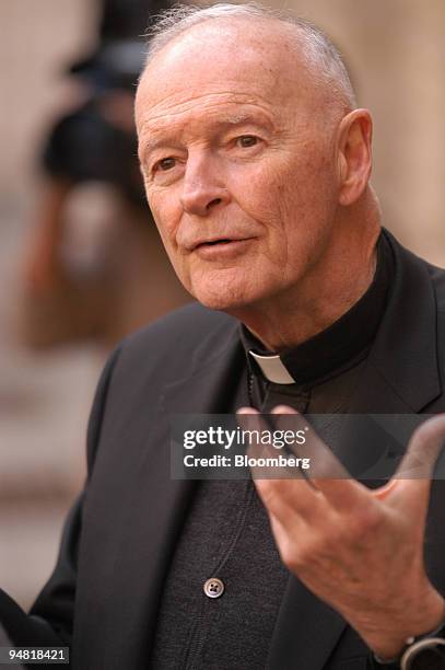 Cardinal Theodore McCarrick speaks to the American press at the Pontifical North American College near the Vatican in Rome, Italy, Tuesday, April 5,...