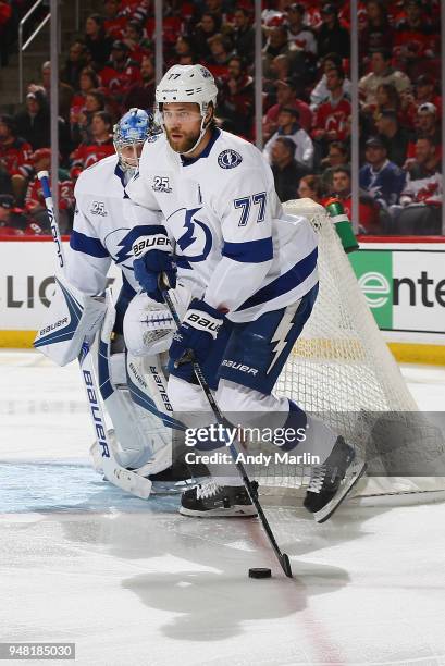 Victor Hedman of the Tampa Bay Lightning plays the puck in Game Three of the Eastern Conference First Round against the New Jersey Devils during the...