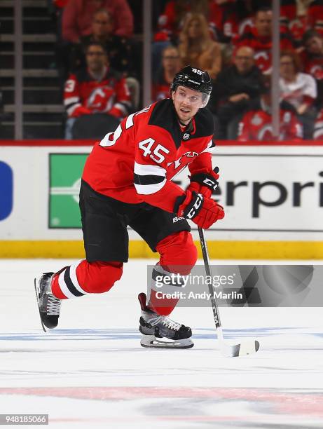 Sami Vatanen of the New Jersey Devils skates in Game Three of the Eastern Conference First Round against the Tampa Bay Lightning during the 2018 NHL...