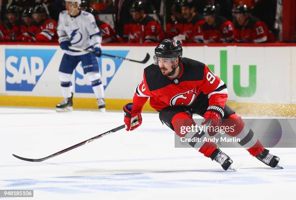 Marcus Johansson of the New Jersey Devils skates in Game Three of the Eastern Conference First Round against the Tampa Bay Lightning during the 2018...