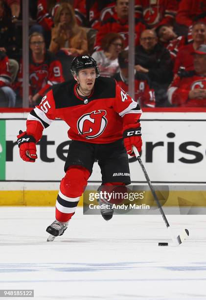 Sami Vatanen of the New Jersey Devils plays the puck in Game Three of the Eastern Conference First Round against the Tampa Bay Lightning during the...