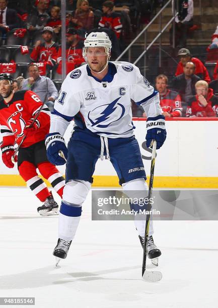 Steven Stamkos of the Tampa Bay Lightning skates in Game Three of the Eastern Conference First Round against the New Jersey Devils during the 2018...