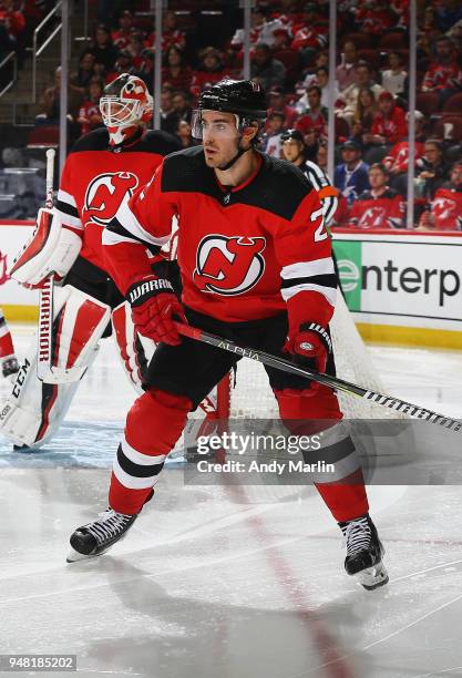 John Moore of the New Jersey Devils skates in Game Three of the Eastern Conference First Round against the Tampa Bay Lightning during the 2018 NHL...