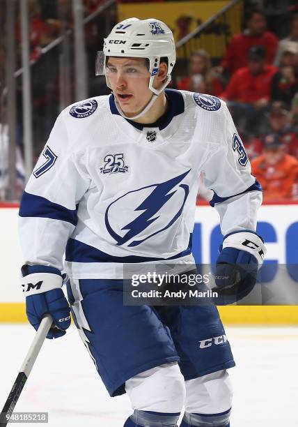 Yanni Gourde of the Tampa Bay Lightning skates in Game Three of the Eastern Conference First Round against the New Jersey Devils during the 2018 NHL...