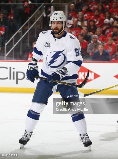 Nikita Kucherov of the Tampa Bay Lightning skates in Game Three of the Eastern Conference First Round against the New Jersey Devils during the 2018...