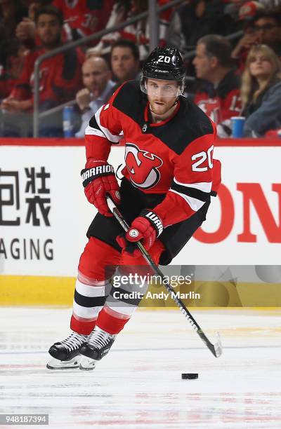 Blake Coleman of the New Jersey Devils plays the puck in Game Three of the Eastern Conference First Round against the Tampa Bay Lightning during the...