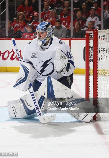 Andrei Vasilevskiy of the Tampa Bay Lightning defends his net in Game Three of the Eastern Conference First Round against the New Jersy Devils during...