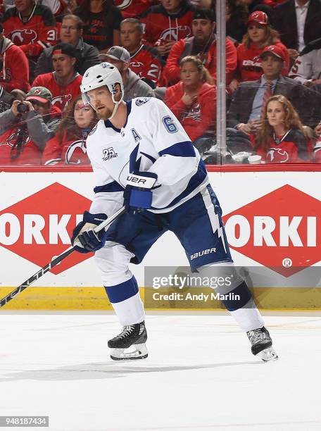 Anton Stralman of the Tampa Bay Lightning skates in Game Three of the Eastern Conference First Round against the New Jersey Devils during the 2018...