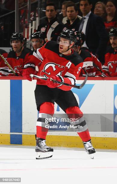 Taylor Hall of the New Jersey Devils skates in Game Three of the Eastern Conference First Round against the Tampa Bay Lightning during the 2018 NHL...