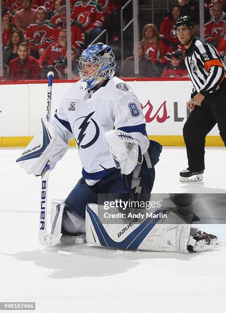 Andrei Vasilevskiy of the Tampa Bay Lightning defends his net in Game Three of the Eastern Conference First Round against the New Jersy Devils during...