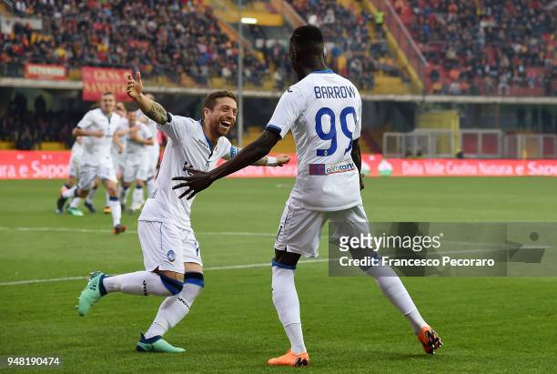 Papu Gomez and Musa Barrow of Atalanta BC celebrate the 0-2 goal scored by Musa Barrow during the serie A match between Benevento Calcio and Atalanta...