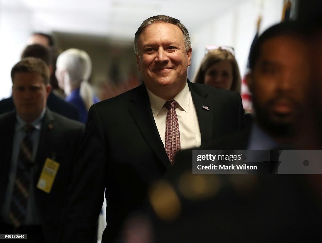 President Trump's Nominee To Become Secretary Of State Mike Pompeo Meets With Sen. Mark Warner On Capitol Hill