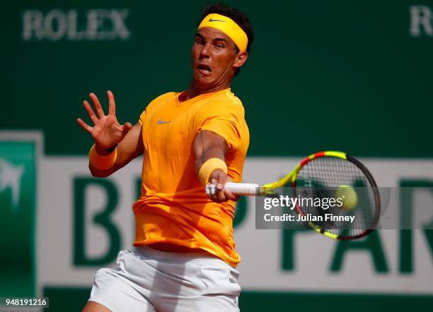 Rafael Nadal of Spain in action during day four of the ATP Masters Series Monte Carlo Rolex Masters at Monte-Carlo Sporting Club on April 18, 2018 in...