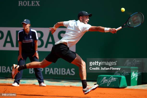 Borna Coric of Croatia in action during day four of the ATP Masters Series Monte Carlo Rolex Masters at Monte-Carlo Sporting Club on April 18, 2018...