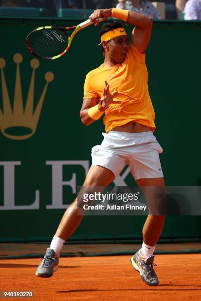 Rafael Nadal of Spain hits a forehand return during his Mens Singles match against Aljaz Bedene of Slovenia at Monte-Carlo Sporting Club on April 18,...