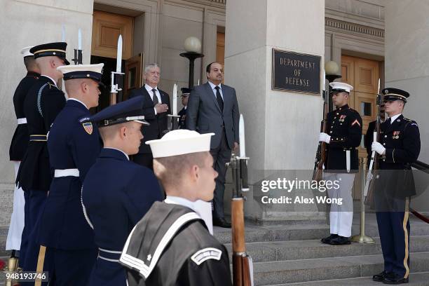 Defense Secretary James Mattis participates in an enhanced honor cordon to welcome Qatar Minister of State for Defense Affairs Khalid Bin Mohammed...