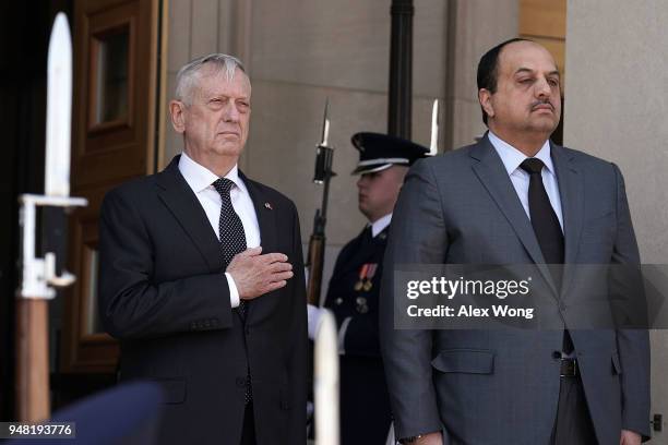 Defense Secretary James Mattis participates in an enhanced honor cordon to welcome Qatar Minister of State for Defense Affairs Khalid Bin Mohammed...