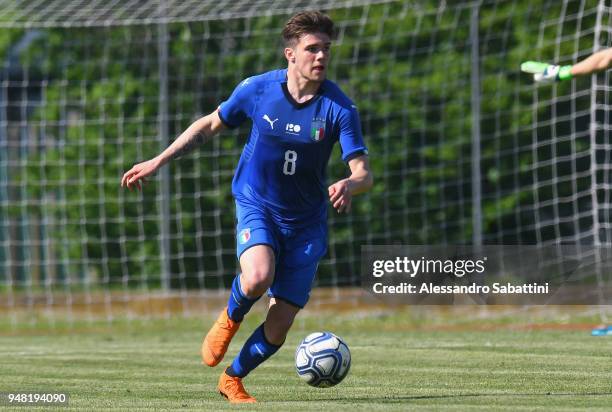 Lorenzo Gavioli of Italy U18 in action during the U18 match between Italy and Hungary on April 18, 2018 in Abano Terme near Padova, Italy.