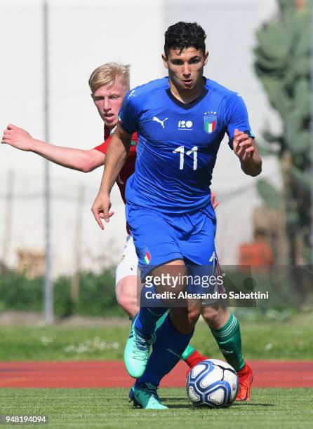 Nicola Rauti of Italy U18 in action during the U18 match between Italy and Hungary on April 18, 2018 in Abano Terme near Padova, Italy.