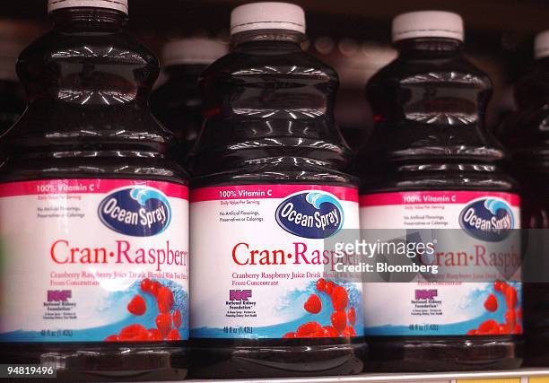 Bottles of Ocean Spray Cran-Raspberry juice are on a store shelf in Galveston, Texas, June 8, 2004. Ocean Spray Cranberries Inc., the maker of the...