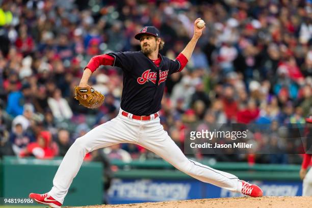 Relief pitcher Andrew Miller of the Cleveland Indians pitches during the eighth inning against the Kansas City Royals at Progressive Field on April...