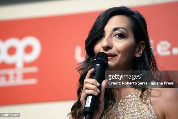 Italianactress and authoress Martina Dell'Ombra attends the presentation of her latest book "Fake" with the author and actor Natalino Balasso at Coop...