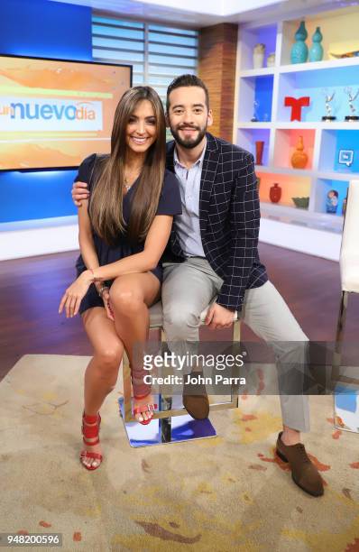 Erika Csiszer and Francisco Caceres are seen on set at Telemundo's "Un Nuevo Dia" on April 18, 2018 in Miami, Florida.