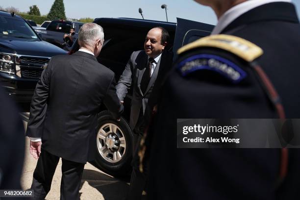 Defense Secretary James Mattis participates in an enhanced honor cordon to welcome Qatar Minister of State for Defense Affairs Khalid Bin Mohammed...