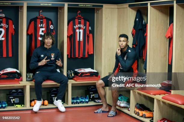 Nathan Ake and Joshua King of Bournemouth in the home dressing room before the Premier League match between AFC Bournemouth and Manchester United at...