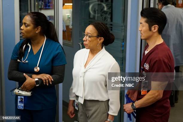 This Is Now" Episode 318 -- Pictured: Marlyne Barrett as Maggie Lockwood, S. Epatha Merkerson as Sharon Goodwin, Brian Tee as Dr. Ethan Choi --