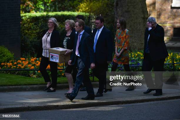 Marie McCourt and family of Helen McCourt, who was murdered in 1988, bring a box to Downing Street with a petition to Introduce Helens Law where...